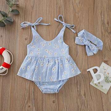 Baby Girls Daisy Playsuits Bodysuit+Headband Print Halter Romper Floral Jumpsuit Infant Summer Cloth...