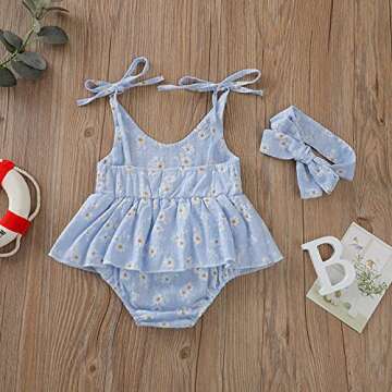 Baby Girls Daisy Playsuits Bodysuit+Headband Print Halter Romper Floral Jumpsuit Infant Summer Clothes (Blue, 6-12 Months)
