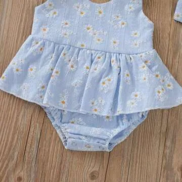 Baby Girls Daisy Playsuits Bodysuit+Headband Print Halter Romper Floral Jumpsuit Infant Summer Clothes (Blue, 6-12 Months)