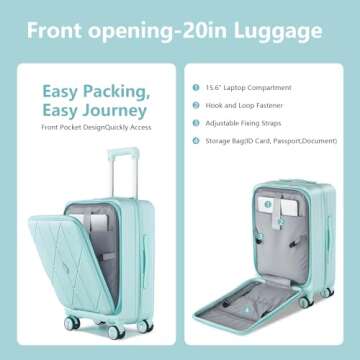 Xurwiin Luggage 3 Piece Sets Front opening with PVC Transparent Cover Hard Shell Lightweight Carry on Expandable Suitcase with Spinner Wheels TSA Lock (Mint Green)