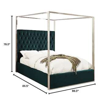 Meridian Furniture Porter Collection Modern | Contemporary Velvet Upholstered Bed with Deep Detailed Tufting and Chrome Canopy, Green, Queen