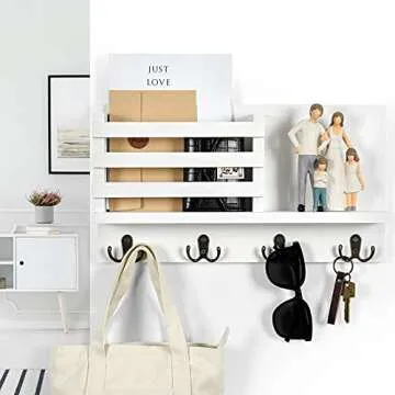 Lwenki Key & Mail Holder for Wall - Rustic Natural Paulownia Wood, 4 Double-Hook Hangers - Wall Mounted Organizer for Decor, Bags, Accessories - Hardware & Manual Included (White)