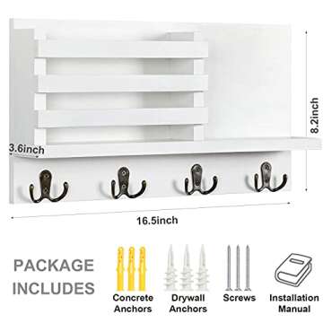 Lwenki Key & Mail Holder for Wall - Rustic Natural Paulownia Wood, 4 Double-Hook Hangers - Wall Mounted Organizer for Decor, Bags, Accessories - Hardware & Manual Included (White)