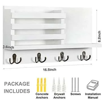 Lwenki Key & Mail Holder for Wall - Rustic Natural Paulownia Wood, 4 Double-Hook Hangers - Wall Mounted Organizer for Decor, Bags, Accessories - Hardware & Manual Included (White)