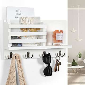 Lwenki Key & Mail Holder for Wall - Rustic Natural Paulownia Wood, 4 Double-Hook Hangers - Wall Mounted Organizer for Decor, Bags, Accessories - Hardware & Manual Included (White)