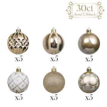 Valery Madelyn Christmas Ornaments Set, 30ct White and Gold Shatterproof Christmas Tree Decorations Ball Ornaments Bulk, 2.36 Inches Elegant Hanging Ornaments for Xmas Trees Holiday Decor