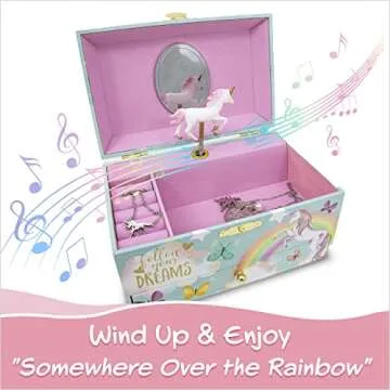 The Memory Building Company Unicorn Musical Jewelry Box, Classic Melody Storage Organizer Kids Ages 6-12, Wood Construction w/ 2 Compartments