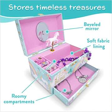 The Memory Building Company Unicorn Musical Jewelry Box, Classic Melody Storage Organizer Kids Ages 6-12, Wood Construction w/ 2 Compartments