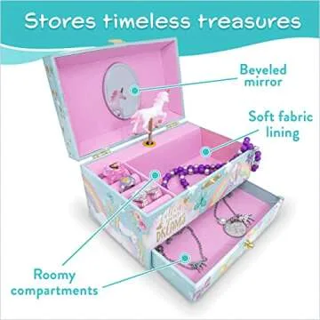 The Memory Building Company Unicorn Musical Jewelry Box, Classic Melody Storage Organizer Kids Ages 6-12, Wood Construction w/ 2 Compartments