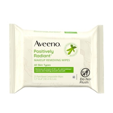 Aveeno Positively Radiant Makeup Remover Wipes, Gentle Individual Face Wipes with Moisture-rich Soy ...
