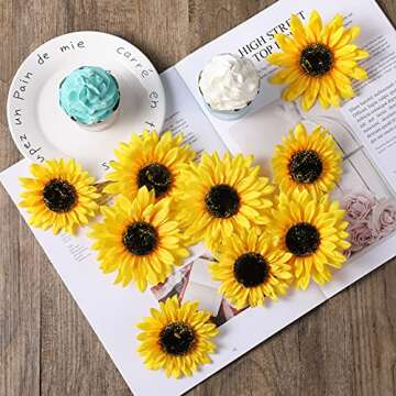 DerBlue 28pcs Artificial Sunflower Heads,4 inch and 3.3 inch Fake Yellow-Sunflower Head Silk Sunflower Fabric Artificial Flowers for Baby Shower Wedding Decoration Bridal Bouquet DIY Handicrafts
