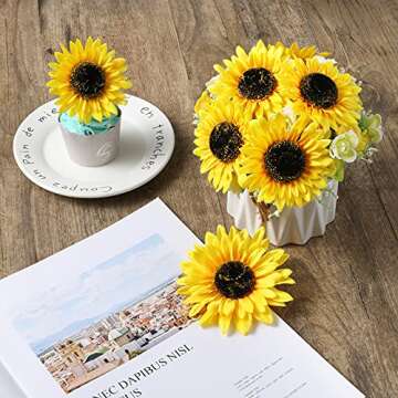 DerBlue 28pcs Artificial Sunflower Heads,4 inch and 3.3 inch Fake Yellow-Sunflower Head Silk Sunflower Fabric Artificial Flowers for Baby Shower Wedding Decoration Bridal Bouquet DIY Handicrafts