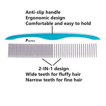 Pet Comb, Stainless Steel Teeth Comb for Dogs & Cats, Pet Hair Comb for Home Grooming Kit, Removes Knots, Mats and Tangles, 7 1/4"