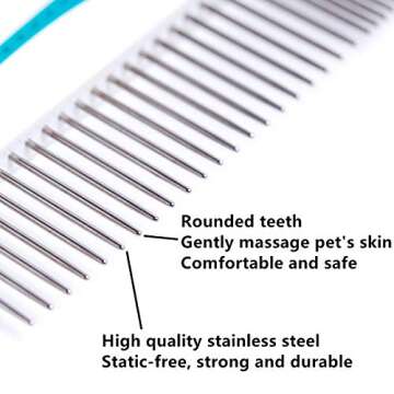 Pet Comb, Stainless Steel Teeth Comb for Dogs & Cats, Pet Hair Comb for Home Grooming Kit, Removes Knots, Mats and Tangles, 7 1/4"