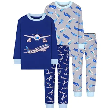 DAUGHTER QUEEN Plane Pajamas for Little Boys Toddler Pjs 4T Kids 4 Piece 100% Cotton Long Sleeve Pj ...