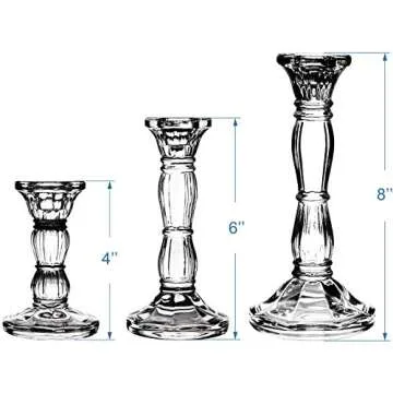 3Pack Glass Candle Stick Holders - Clear Crystal Taper Candles Holder– Table Centerpieces for Buring Candles, Led Taper Candle,Party and Wedding Decoration(4,6,8inches Tall)