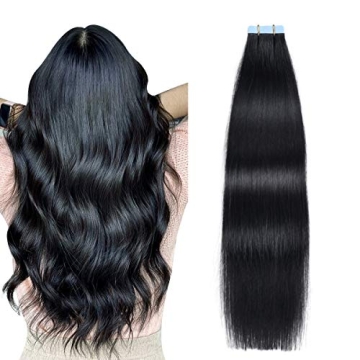 SUYYA Tape in Hair Extensions Jet Black 100% Remy Human 20 inches 20pcs 50g/pack Straight Seamless S...