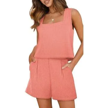 XIEERDUO Women Summer Tank Tops Waffle Knit Lounge Set