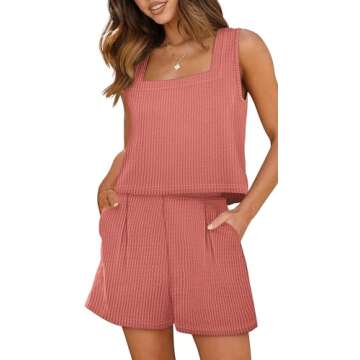 XIEERDUO Women Summer Tank Tops Waffle Knit Lounge Set
