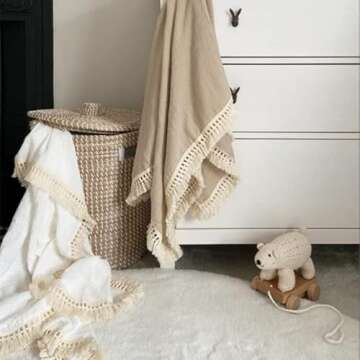 CHUNGEL Cotton Muslin Baby Blanket with Tassel，Large 47" x 47" Boho Muslin Swaddle Blanket with Fringe, Nursery Decor Throw or Nursing Fringed Blankets (Color B)