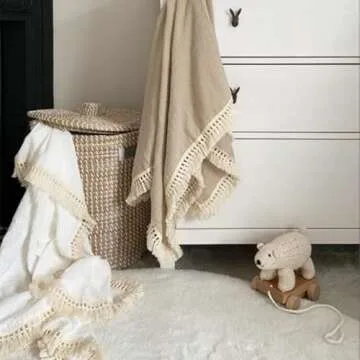 CHUNGEL Cotton Muslin Baby Blanket with Tassel，Large 47" x 47" Boho Muslin Swaddle Blanket with Fringe, Nursery Decor Throw or Nursing Fringed Blankets (Color B)