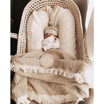 CHUNGEL Cotton Muslin Baby Blanket with Tassel，Large 47" x 47" Boho Muslin Swaddle Blanket with Fringe, Nursery Decor Throw or Nursing Fringed Blankets (Color B)