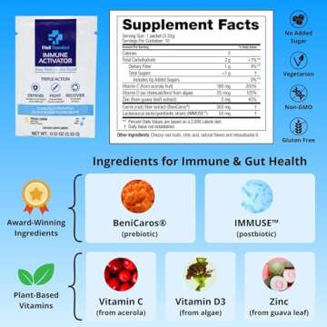 Well Traveled Immune Activator, Natural Drink Mix for Immune Support & Gut Health, Prebiotics, Postbiotics, Vitamin C, Vitamin D, Zinc, No Added Sugar, Science Backed, Lemon Flavor, 10 Count