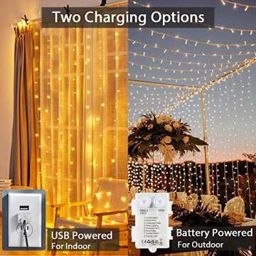 YEOLEH String Lights Curtain USB or Battery Powered,Bedroom Fairy Curtain Lights for Wedding Wall Be...