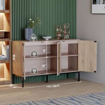 Yechen 47.3" W Sideboard Storage Cabinet with 3 Natural Rattan Hand-Woven Doors, Rattan Cabinet, Buf...