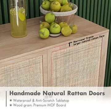 Yechen 47.3" W Sideboard Storage Cabinet with 3 Natural Rattan Hand-Woven Doors, Rattan Cabinet, Buffet Table with Storage, Accent Credenza Console Cabinet Cupboard, for Living Room Dining Room