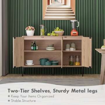 Yechen 47.3" W Sideboard Storage Cabinet with 3 Natural Rattan Hand-Woven Doors, Rattan Cabinet, Buffet Table with Storage, Accent Credenza Console Cabinet Cupboard, for Living Room Dining Room