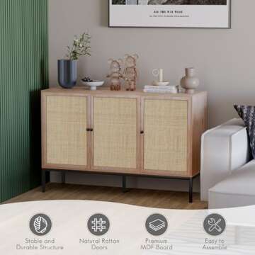 Yechen 47.3" W Sideboard Storage Cabinet with 3 Natural Rattan Hand-Woven Doors, Rattan Cabinet, Buffet Table with Storage, Accent Credenza Console Cabinet Cupboard, for Living Room Dining Room