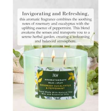 Rosemary Eucalyptus Peppermint Candle | Highly Scented Large 3 Wick Soy Candle 15.8 oz | Uplifting F...