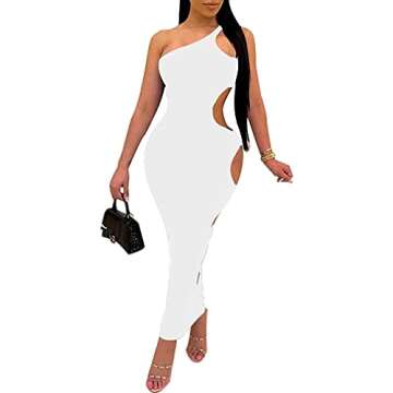 SHESEEWORLD Women's Sexy One Shoulder Sleeveless Side Cutout Hole Bodycon Dresses Summer Long Club Dress White