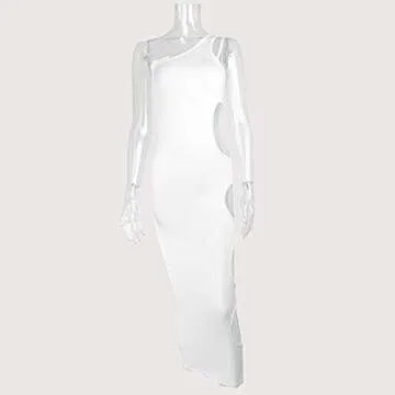 SHESEEWORLD Women's Sexy One Shoulder Sleeveless Side Cutout Hole Bodycon Dresses Summer Long Club Dress White