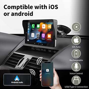 Wireless Apple Carplay Screen for Car, 7" Portable Apple Carplay & Android Auto Car Stereo, Portable...