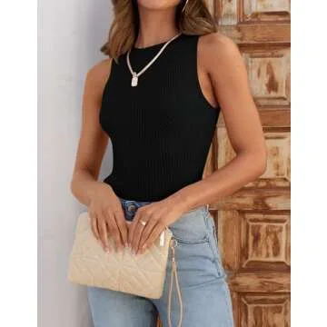 ZESICA Womens Ribbed Tank Tops 2024 Summer Sleeveless High Neck Casual Slim Fitted Basic Knit Shirts,Black,Small