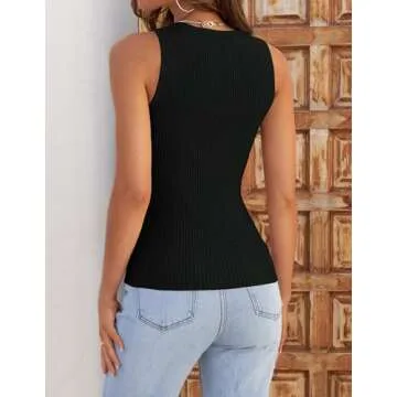 ZESICA Womens Ribbed Tank Tops 2024 Summer Sleeveless High Neck Casual Slim Fitted Basic Knit Shirts,Black,Small