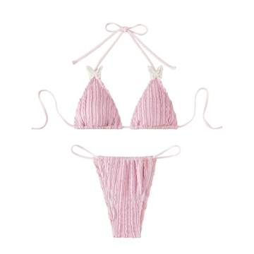 WDIRARA Women's 2 Piece Cute Swimsuits Butterfly Textured Halter Triangle Bikini Set Beach Bathing S...
