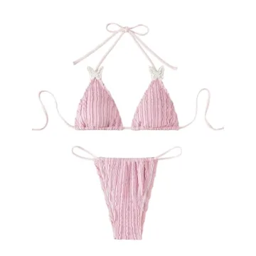 WDIRARA Women's 2 Piece Cute Swimsuits Butterfly Textured Halter Triangle Bikini Set Beach Bathing S...