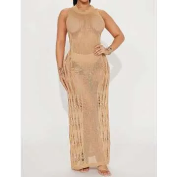 Bsubseach Sexy Hollow Out Crochet Cover Up Dress for Women Khaki Beachwear