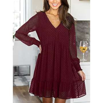 FAMITION Long Sleeve Dresses for Women: Swiss Dot Flowy V Neck Wine Red Sheer Sleeves Shift Dress Ca...