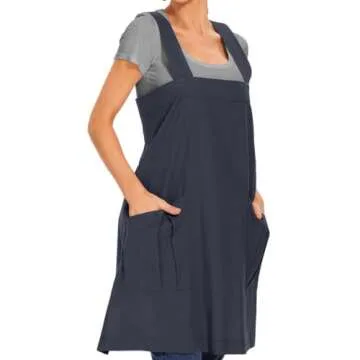 Women's Cotton Cross Back Apron Casual Pinafore Dress with Big Pockets Loose Square Apron for Baking Cooking Gardening