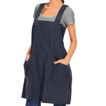 Women's Cotton Cross Back Apron Casual Pinafore Dress with Big Pockets Loose Square Apron for Baking Cooking Gardening