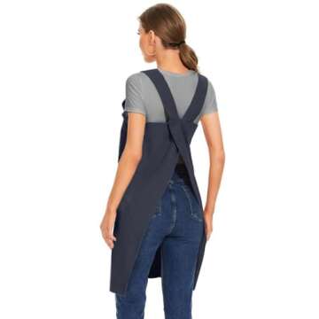 Women's Cotton Cross Back Apron Casual Pinafore Dress with Big Pockets Loose Square Apron for Baking Cooking Gardening