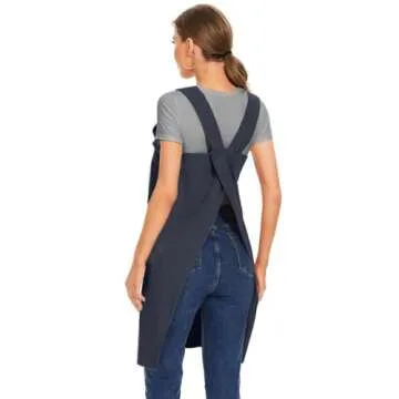 Women's Cotton Cross Back Apron Casual Pinafore Dress with Big Pockets Loose Square Apron for Baking Cooking Gardening