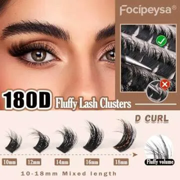 Eyelash Extension Kit Thick Lash Clusters Kit 10-18mm Fluffy Clusters Lashes 180D Individual Eyelashes Kit with Lash Bond, Lash Remover, Lash Applicator DIY Lash Extension by Focipeysa (180D-D Curl)