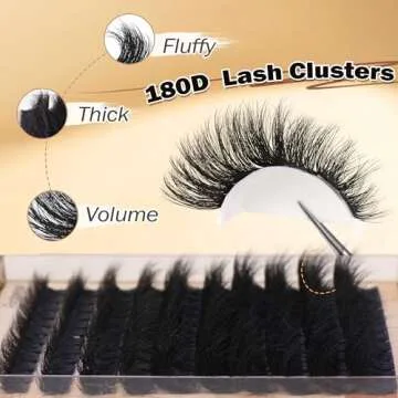 Eyelash Extension Kit Thick Lash Clusters Kit 10-18mm Fluffy Clusters Lashes 180D Individual Eyelashes Kit with Lash Bond, Lash Remover, Lash Applicator DIY Lash Extension by Focipeysa (180D-D Curl)