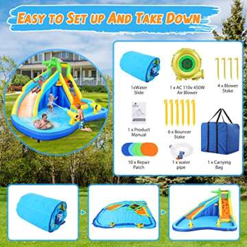WHUBEFY Inflatable Water Slide,7 in 1 Kids Water Slides with Blower,Water Bounce House Water Park for Kids Backyard,Waterslide Splash Pool,Water Gun,Climbing Wall,Bounce Water Slide for Wet and Dry