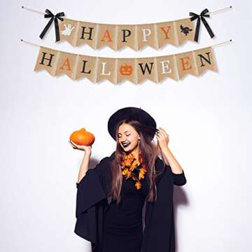 Highly Recommended Happy Halloween Burlap Banner - Multicolored Design Pumpkin Witch Halloween Party Decorations White Black Orange